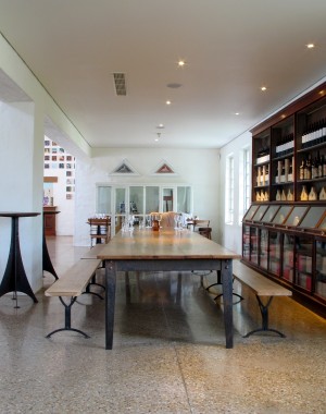 French oak top tables on metal bases.